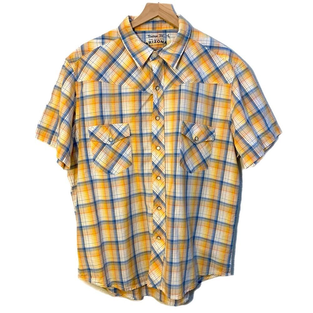 ARIZONA Vintage Fit Western Pearl Snap Shirt Men’s XL Peach Blue White Plaid.
